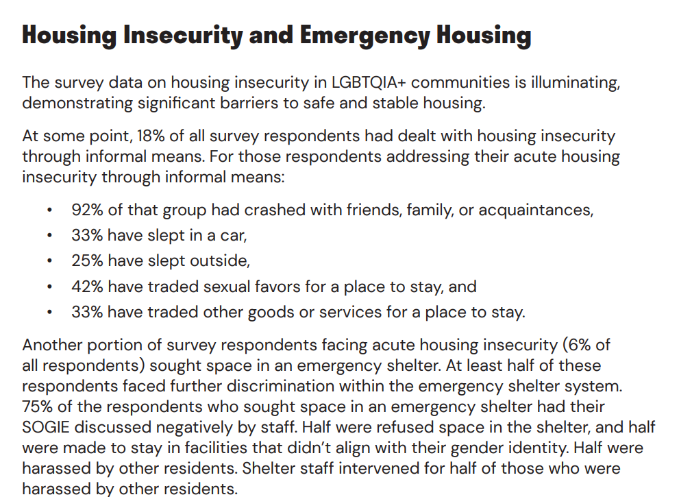 At some point, 18% of all survey respondents had dealt with housing insecurity through informal means. For those respondents addressing their acute housing insecurity through informal means: • 92% of that group had crashed with friends, family, or acquaintances, • 33% have slept in a car, • 25% have slept outside, • 42% have traded sexual favors for a place to stay, and • 33% have traded other goods or services for a place to stay