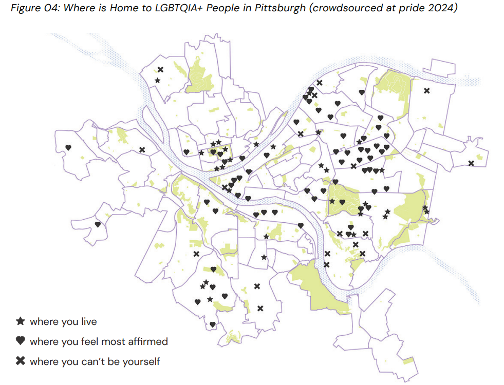 Map of feedback on where people live, where they feel affirmed and where they feel like they can't be themselves in the City of Pittsburgh