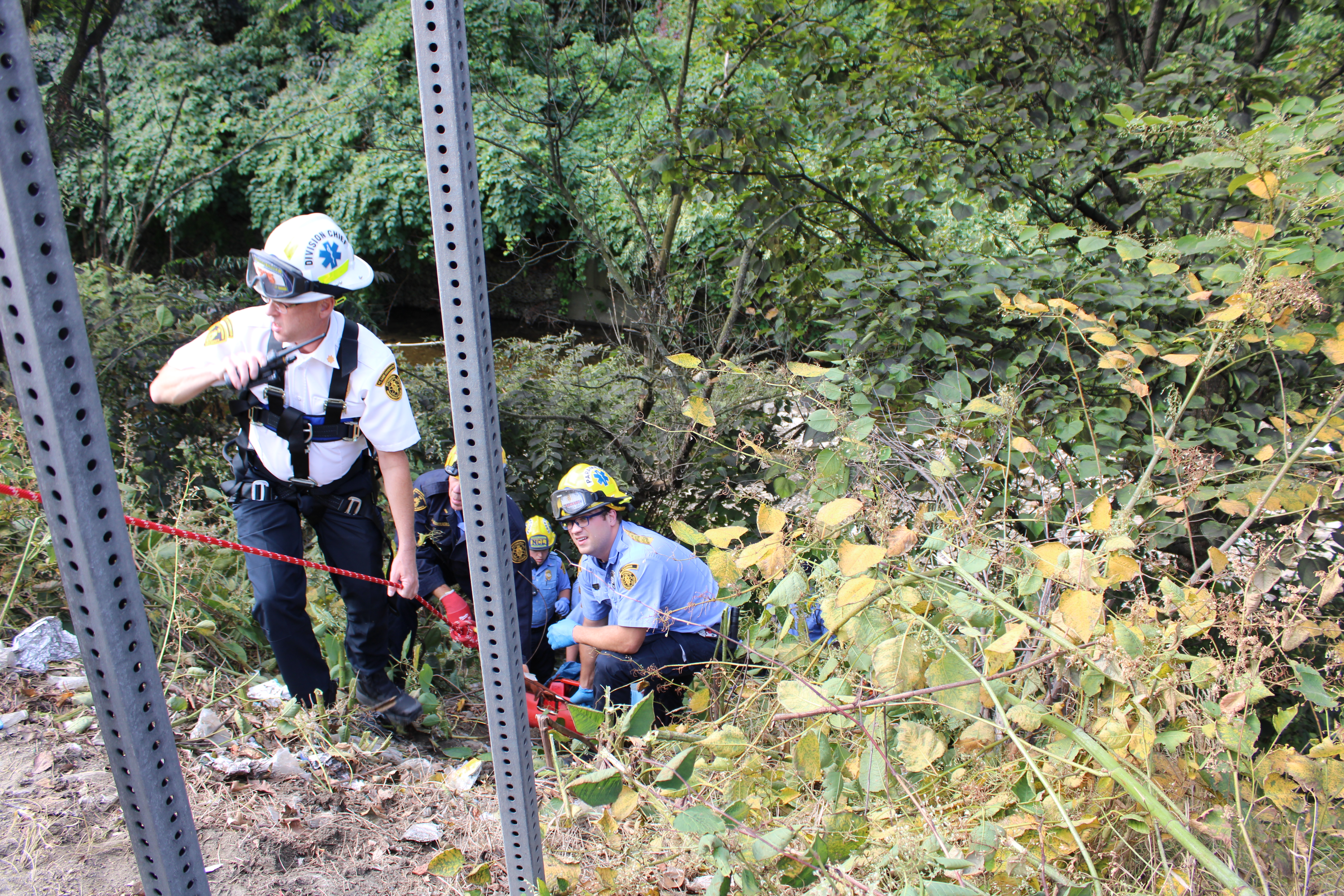 EMS crew rescuing collision victim