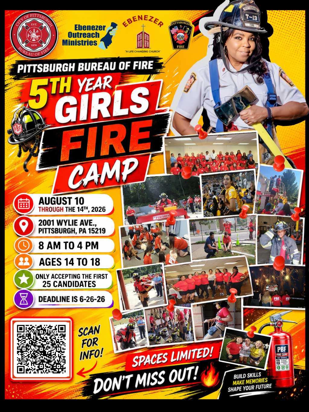 Girls Fire Camp Poster - Various photos together of girls learning and experiencing the work of being a city firefighter. Screen reader text is below this image.