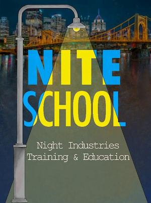 Nite School - Night Industries Training & Education. Illustrative image at night with street lamp and city in background.