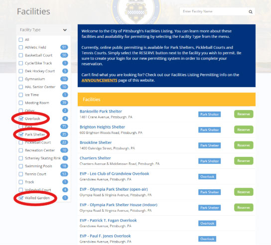 Screenshot of DPW Facilities for rent.