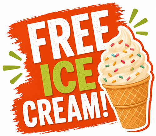 Free Ice Cream - graphic with ice cream cone image.