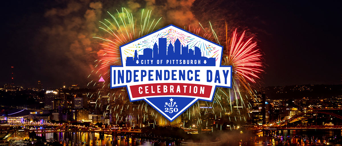 Page banner- Independence Day Celebration logo in front of City of Pittsburgh at night with firework display.