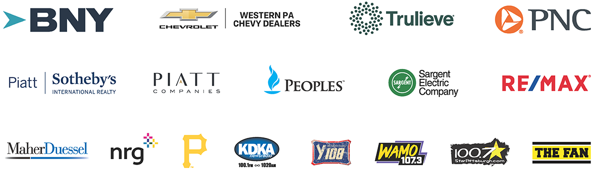 2026 Event Sponsors in order: BNY, Chevrolet, Trulieve, PNC, Piatt - Sotheby's, PIATT, Peoples, Sargent Electric Company, REMAX, Maher Duessel, NRG, Pirates, KDKA, Y108, WAMO, 100.7, The Fan