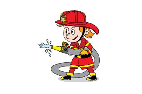 Illustrated girl holding a fire hose wearing firefighter uniform.