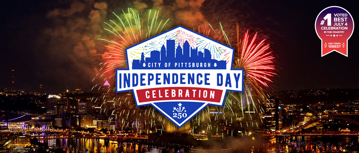 Page banner- Independence Day Celebration logo in front of City of Pittsburgh at night with firework display.