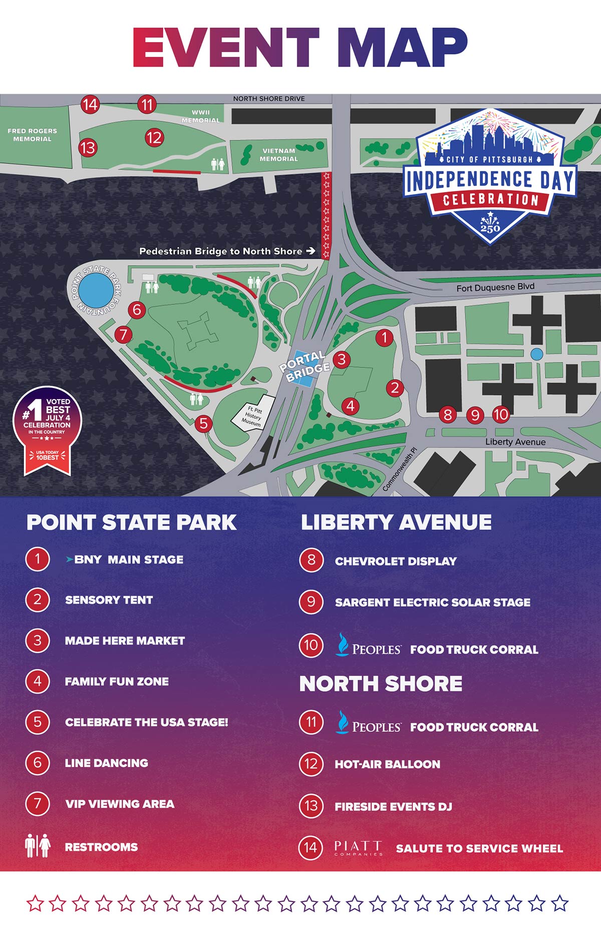 Graphic map of celebration events. Please click the button below for a readable version.