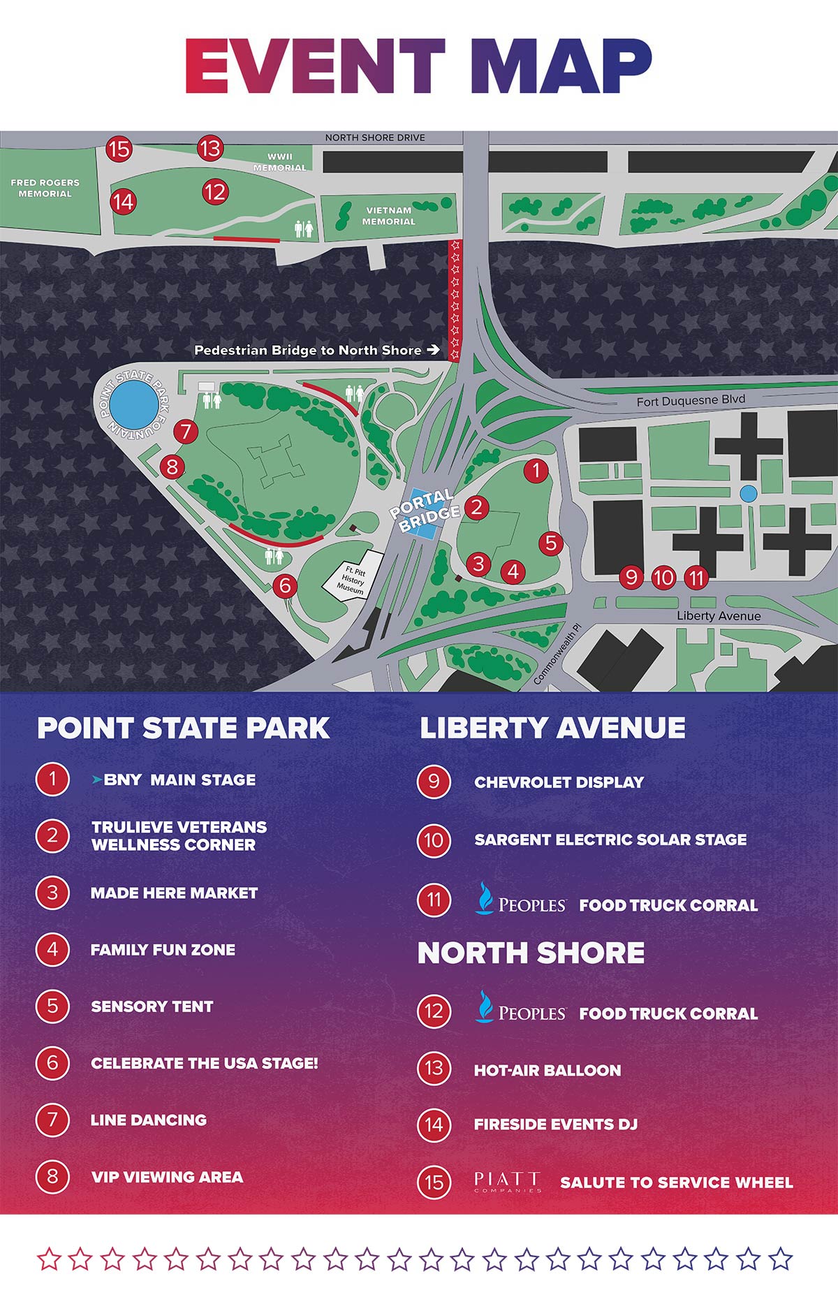 Graphic map of celebration events. Please click the button below for a readable version.
