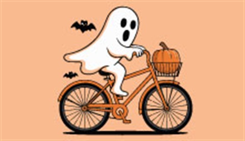 Track & Treat - Illustration of ghost riding a bicycle with pumkin in basket.